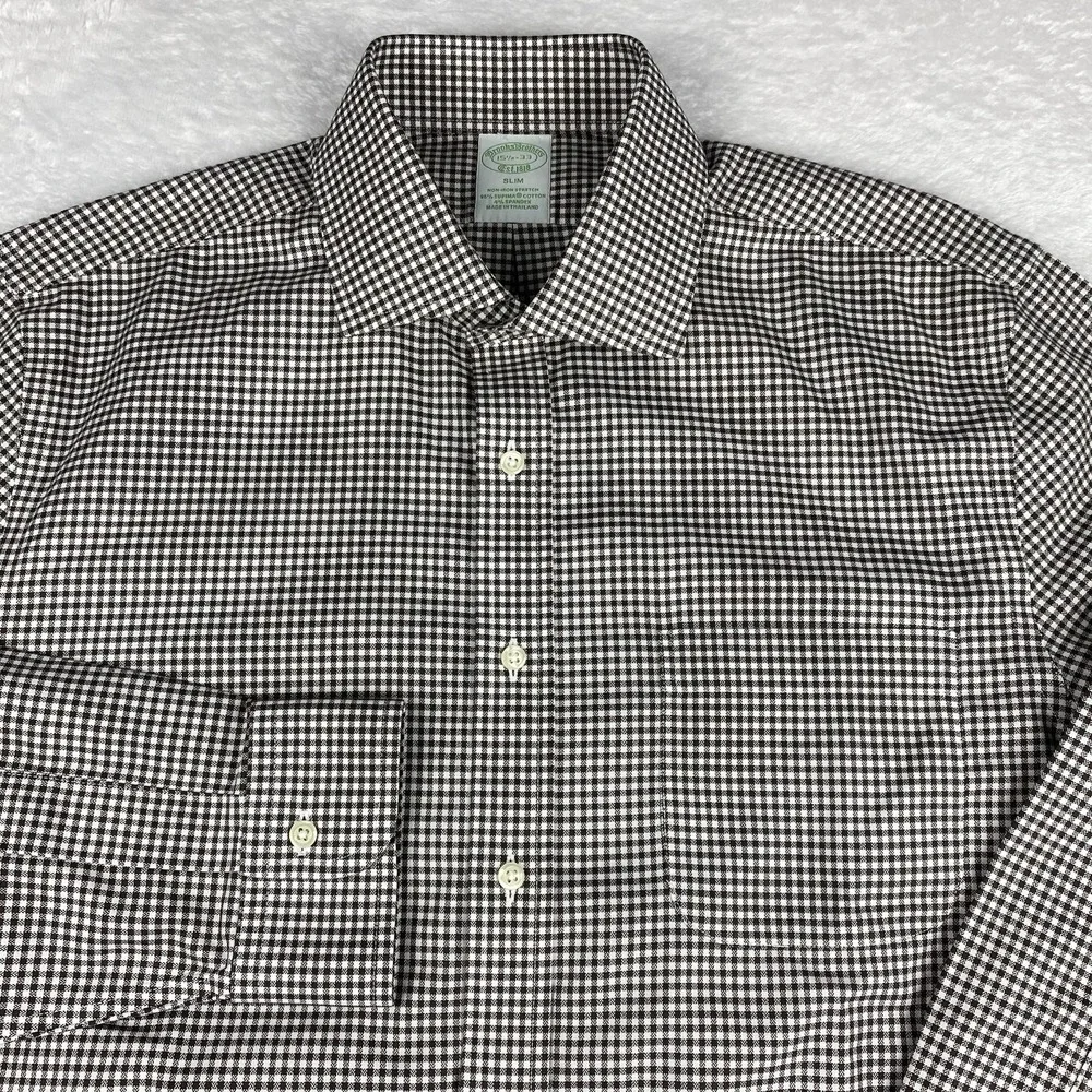 Brooks Brothers Dress Shirt Mens 15.5-33 Brown Checks Slim Fit Stretch NWT!